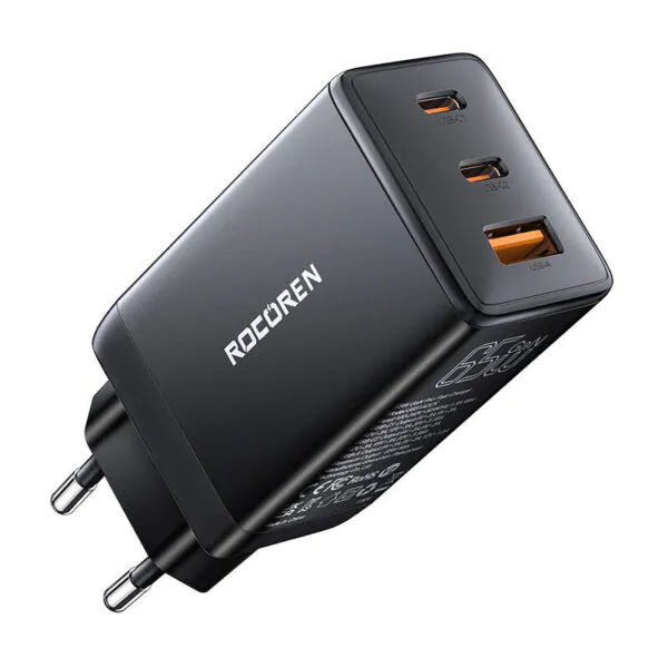 Бързо зарядно Rocoren GaN Pro 65W, 2x USB-C, USB (черно)