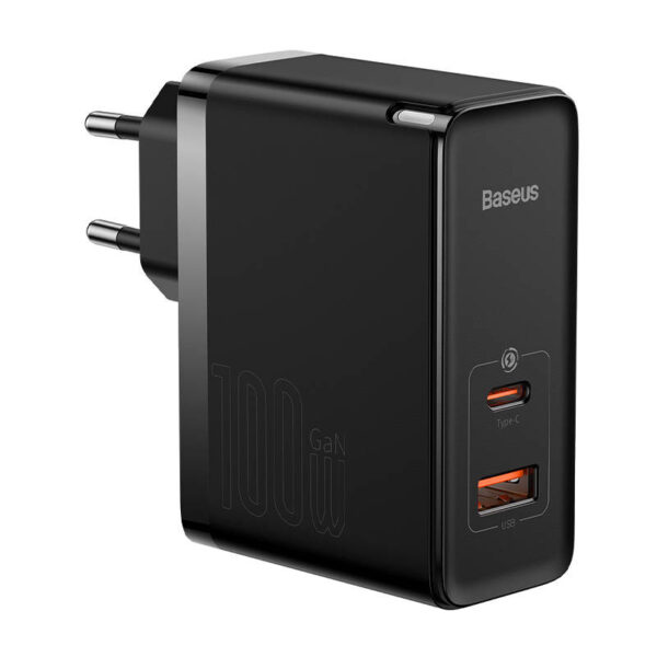 Зарядно Baseus GaN USB-C + USB, 100W + 1m кабел (черно)